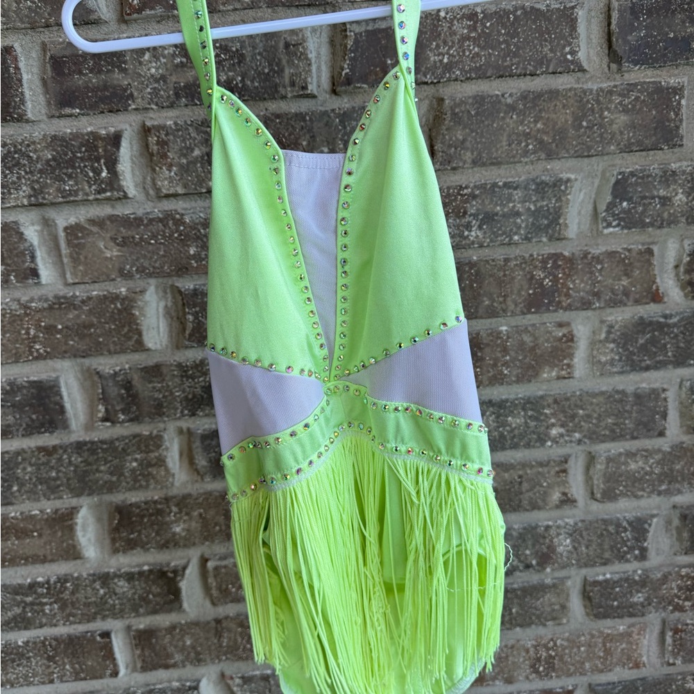 Neon Green Fringe costume with Rhinestones